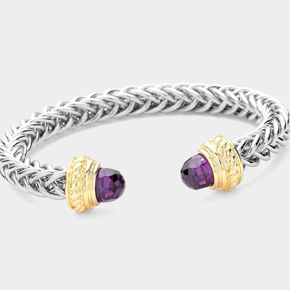 Braided Silver and Gold Bracelet with Amethyst Cabochons - Picture 1 of 3